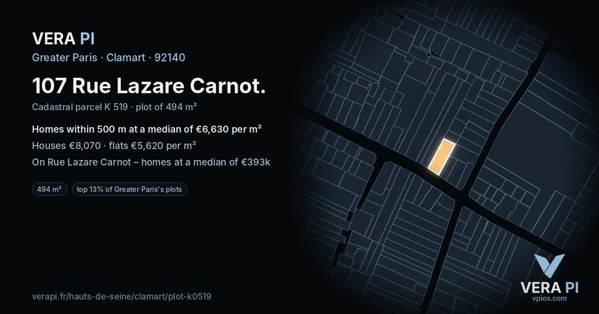 107 Rue Lazare Carnot, Clamart at night – the plot lit, the parcels around coloured by the prices near them