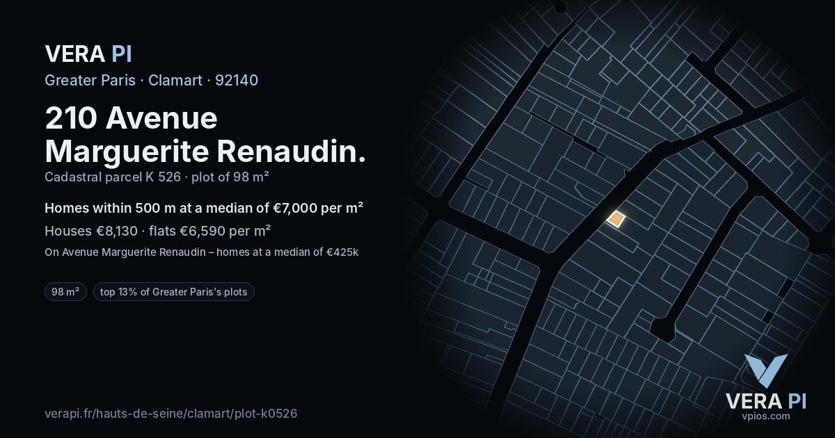 210 Avenue Marguerite Renaudin, Clamart at night – the plot lit, the parcels around coloured by the prices near them