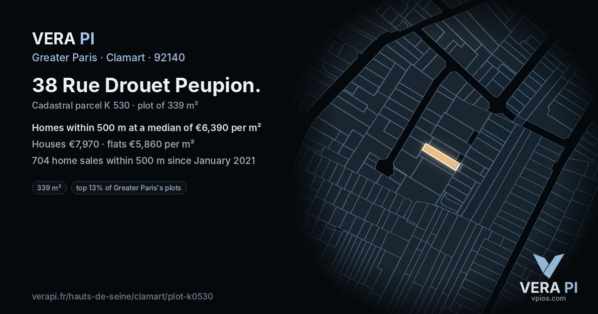 38 Rue Drouet Peupion, Clamart at night – the plot lit, the parcels around coloured by the prices near them