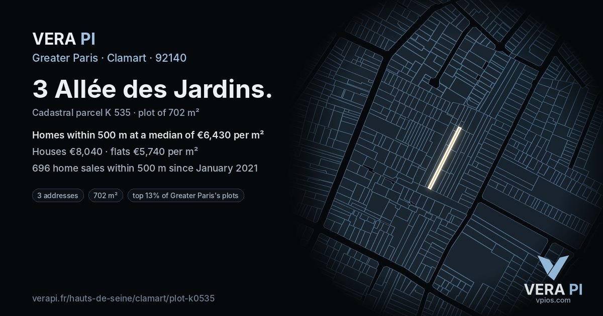 3 Allée des Jardins, Clamart at night – the plot lit, the parcels around coloured by the prices near them