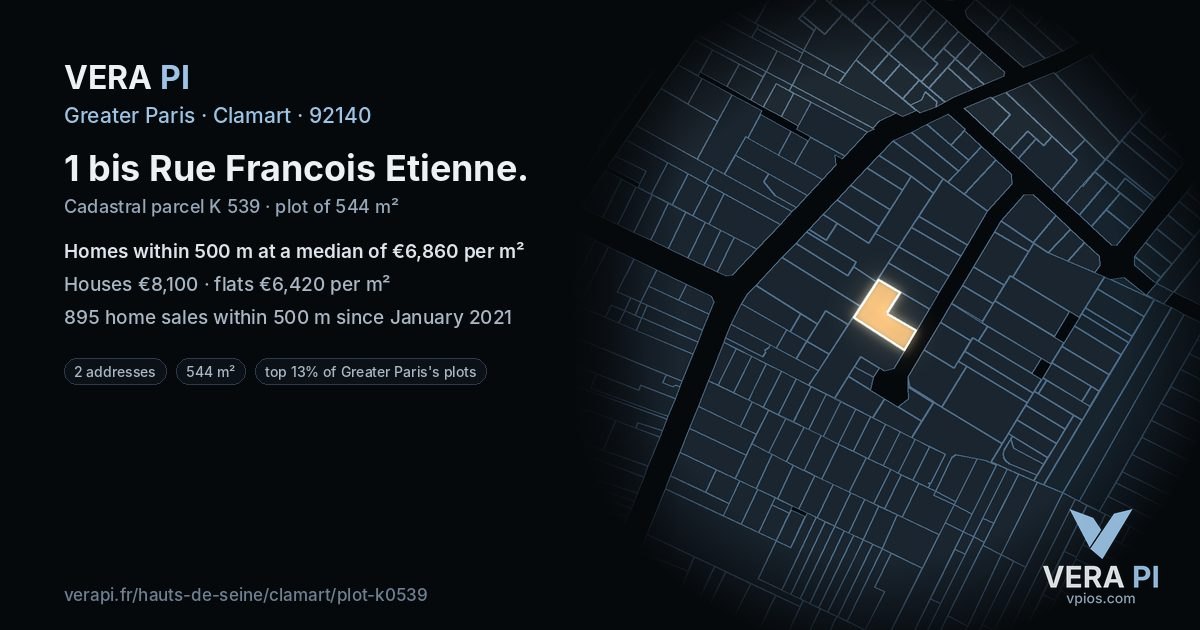 1 bis Rue Francois Etienne, Clamart at night – the plot lit, the parcels around coloured by the prices near them