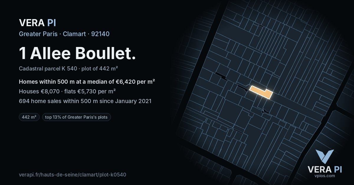 1 Allee Boullet, Clamart at night – the plot lit, the parcels around coloured by the prices near them