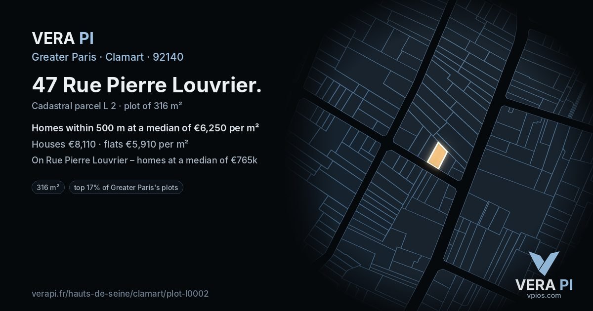 47 Rue Pierre Louvrier, Clamart at night – the plot lit, the parcels around coloured by the prices near them