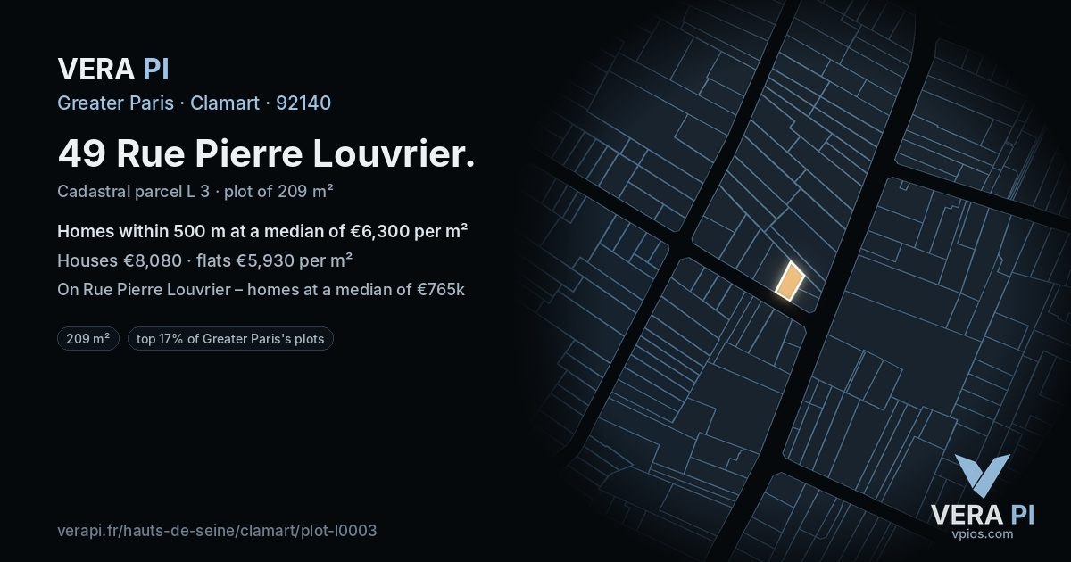 49 Rue Pierre Louvrier, Clamart at night – the plot lit, the parcels around coloured by the prices near them