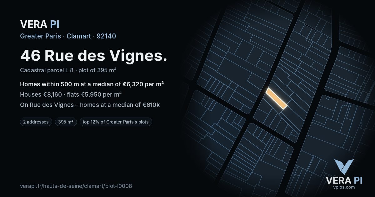 46 Rue des Vignes, Clamart at night – the plot lit, the parcels around coloured by the prices near them