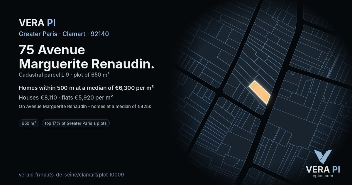 75 Avenue Marguerite Renaudin, Clamart at night – the plot lit, the parcels around coloured by the prices near them