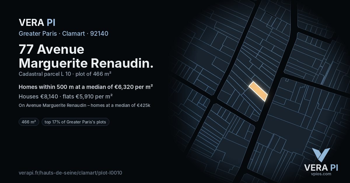 77 Avenue Marguerite Renaudin, Clamart at night – the plot lit, the parcels around coloured by the prices near them