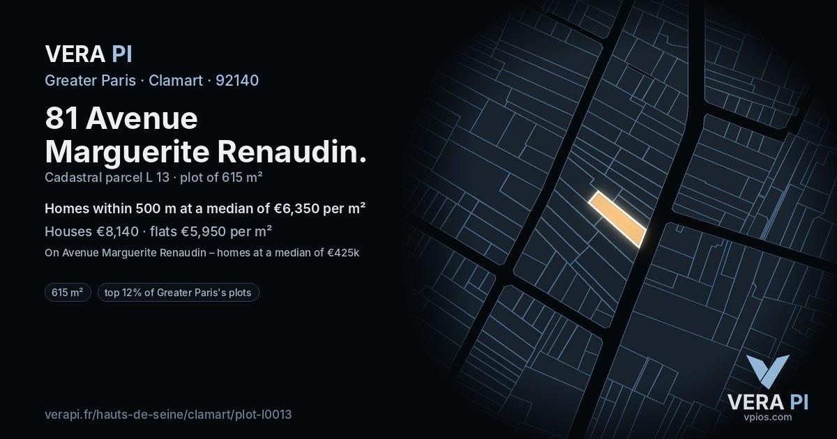 81 Avenue Marguerite Renaudin, Clamart at night – the plot lit, the parcels around coloured by the prices near them