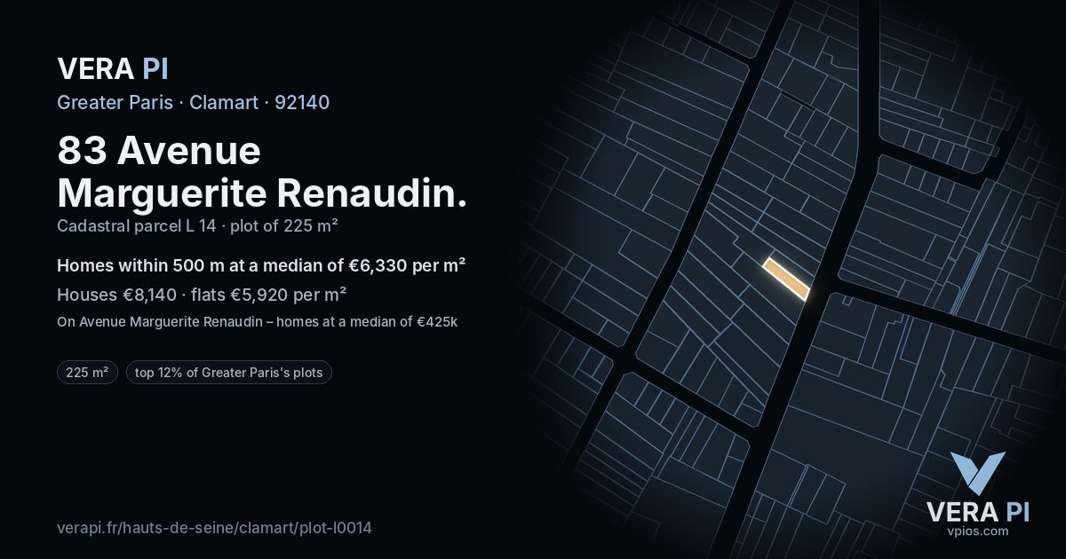 83 Avenue Marguerite Renaudin, Clamart at night – the plot lit, the parcels around coloured by the prices near them
