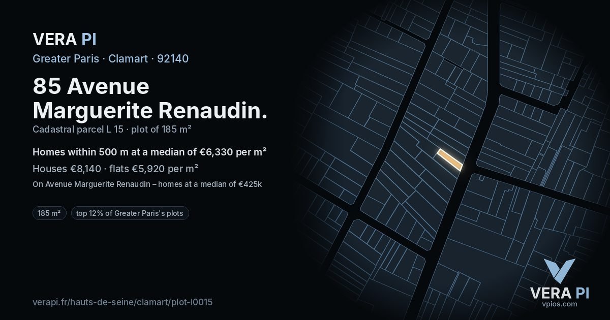 85 Avenue Marguerite Renaudin, Clamart at night – the plot lit, the parcels around coloured by the prices near them