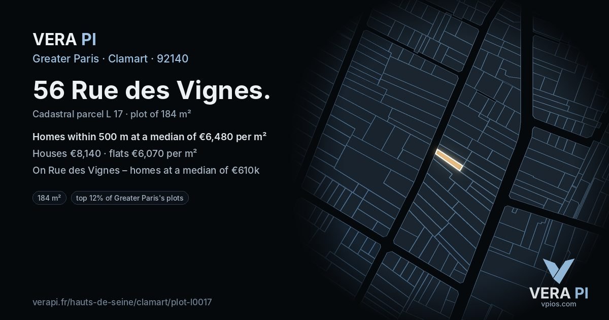 56 Rue des Vignes, Clamart at night – the plot lit, the parcels around coloured by the prices near them