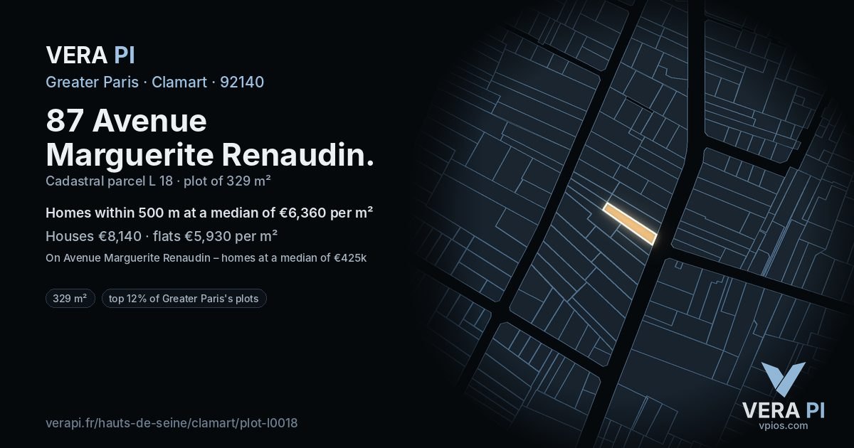 87 Avenue Marguerite Renaudin, Clamart at night – the plot lit, the parcels around coloured by the prices near them