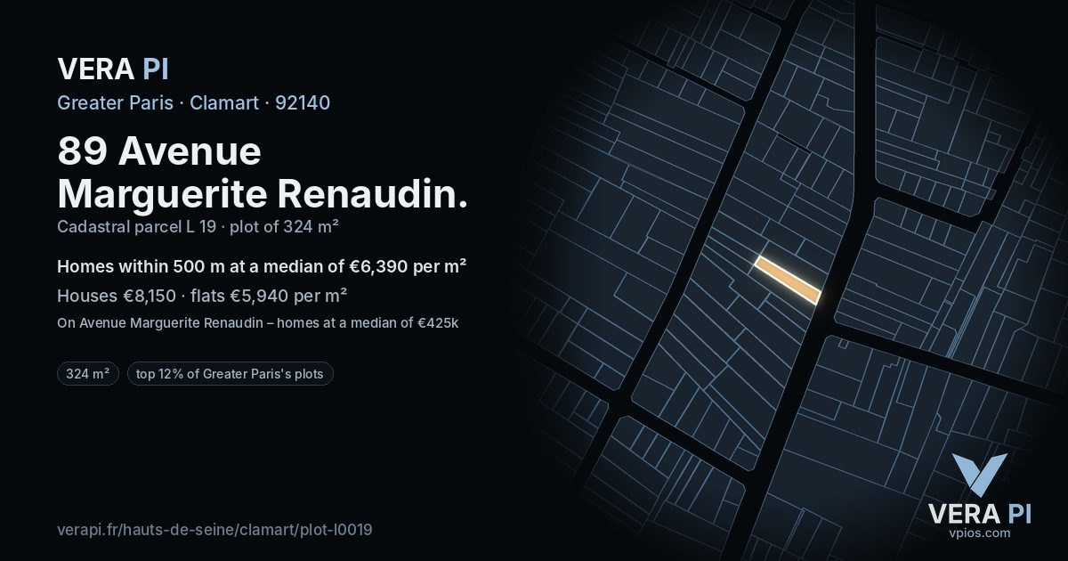 89 Avenue Marguerite Renaudin, Clamart at night – the plot lit, the parcels around coloured by the prices near them