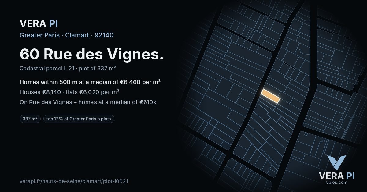 60 Rue des Vignes, Clamart at night – the plot lit, the parcels around coloured by the prices near them