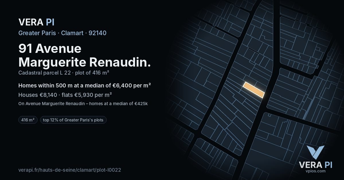 91 Avenue Marguerite Renaudin, Clamart at night – the plot lit, the parcels around coloured by the prices near them