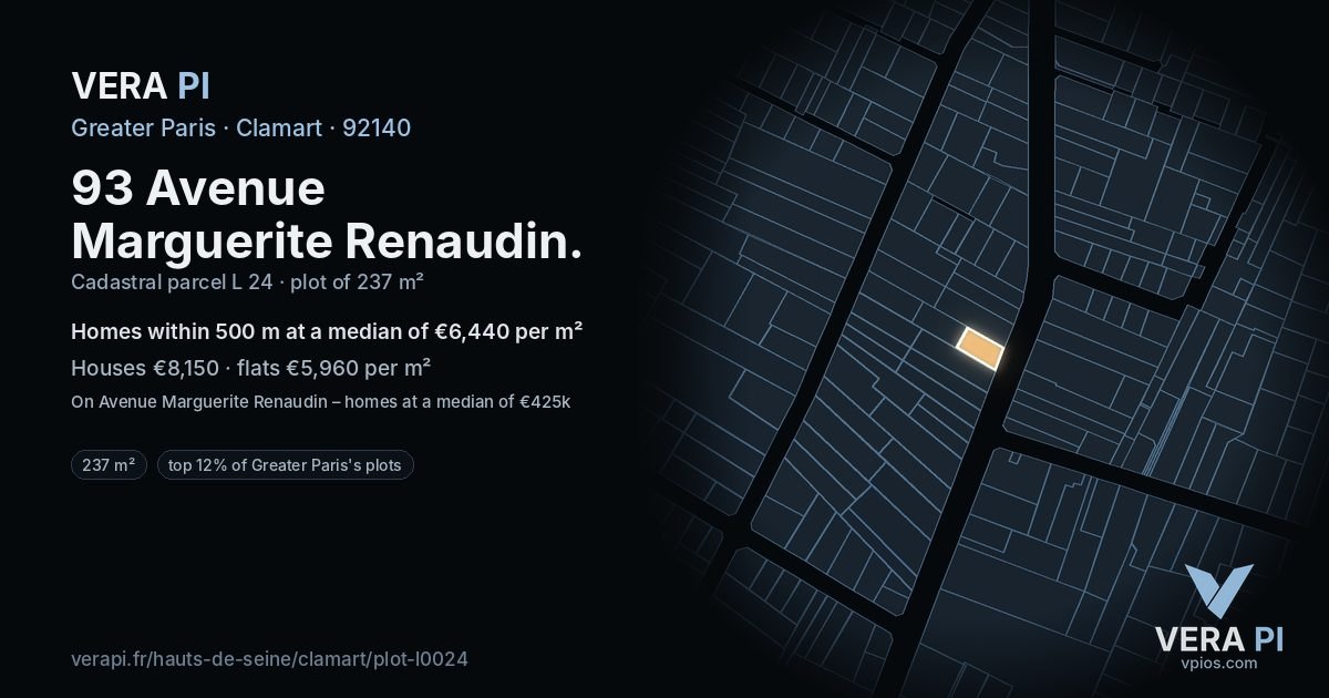 93 Avenue Marguerite Renaudin, Clamart at night – the plot lit, the parcels around coloured by the prices near them