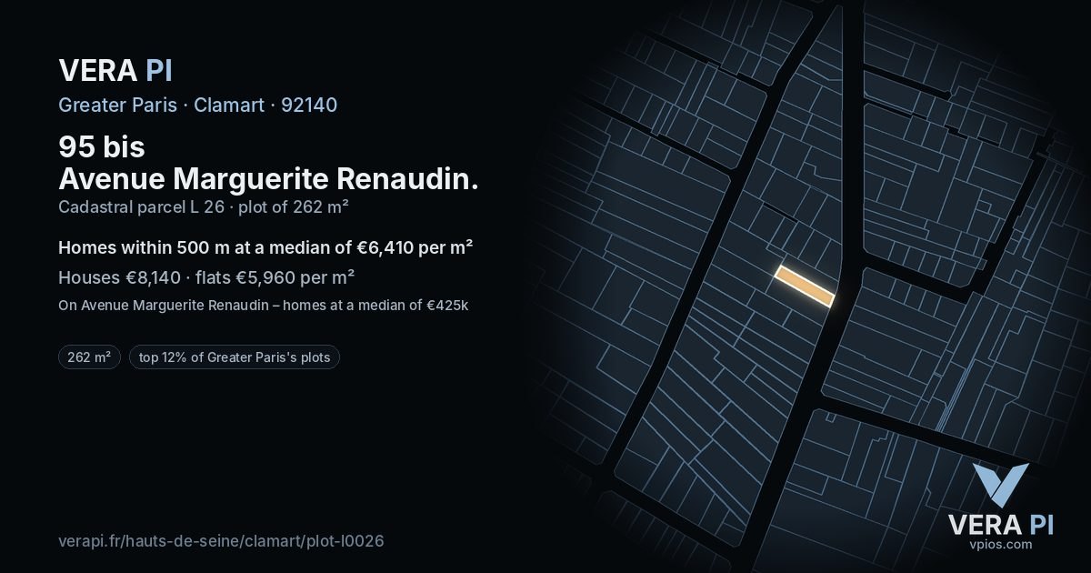 95 bis Avenue Marguerite Renaudin, Clamart at night – the plot lit, the parcels around coloured by the prices near them
