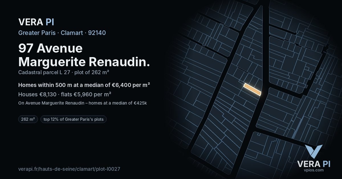 97 Avenue Marguerite Renaudin, Clamart at night – the plot lit, the parcels around coloured by the prices near them