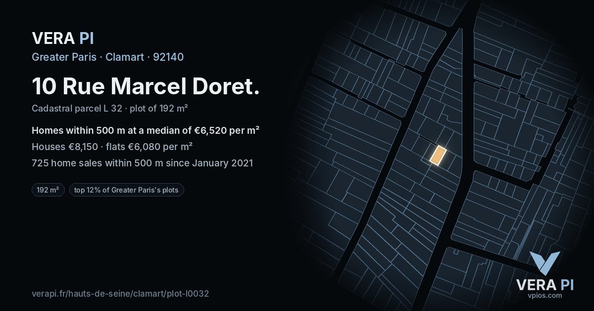 10 Rue Marcel Doret, Clamart at night – the plot lit, the parcels around coloured by the prices near them