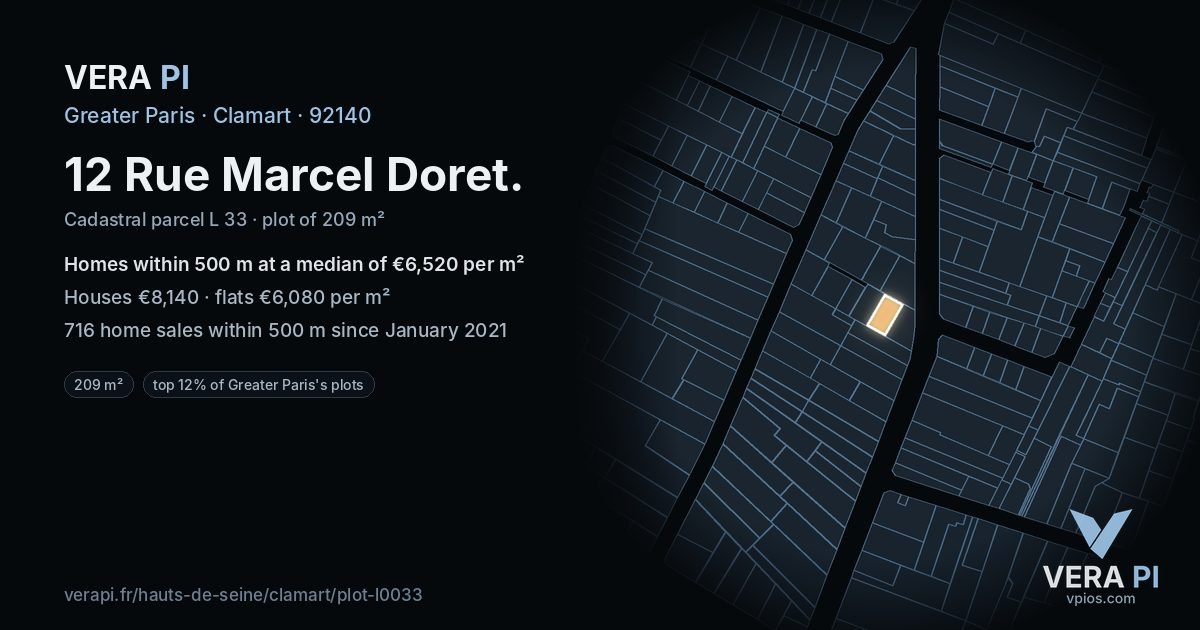 12 Rue Marcel Doret, Clamart at night – the plot lit, the parcels around coloured by the prices near them