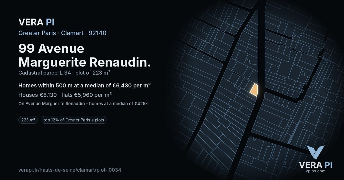 99 Avenue Marguerite Renaudin, Clamart at night – the plot lit, the parcels around coloured by the prices near them