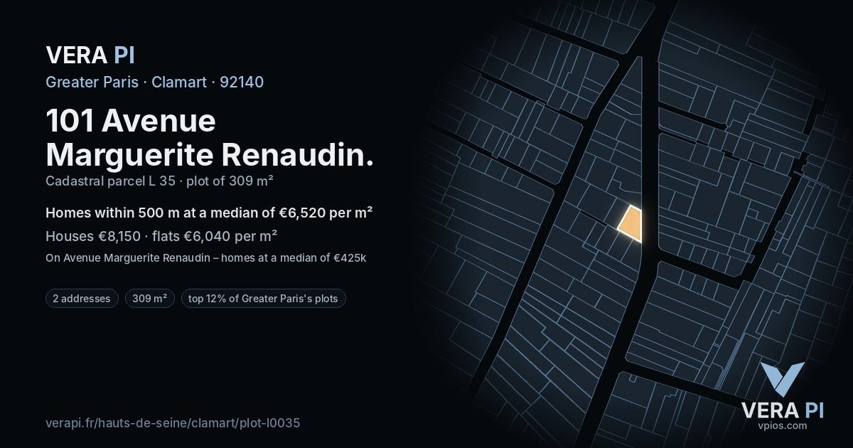 101 Avenue Marguerite Renaudin, Clamart at night – the plot lit, the parcels around coloured by the prices near them