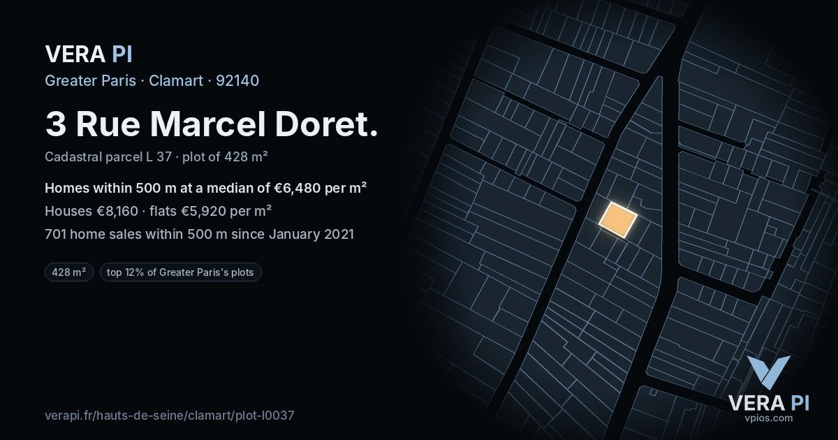 3 Rue Marcel Doret, Clamart at night – the plot lit, the parcels around coloured by the prices near them
