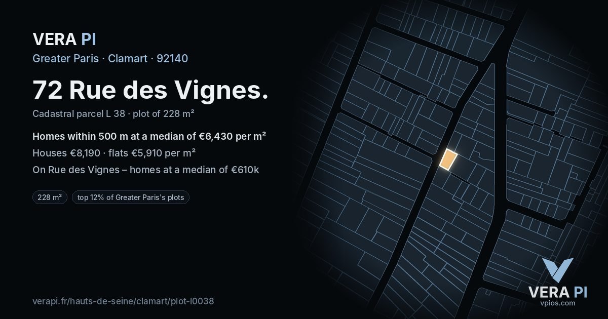 72 Rue des Vignes, Clamart at night – the plot lit, the parcels around coloured by the prices near them