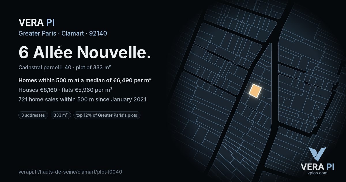 6 Allée Nouvelle, Clamart at night – the plot lit, the parcels around coloured by the prices near them