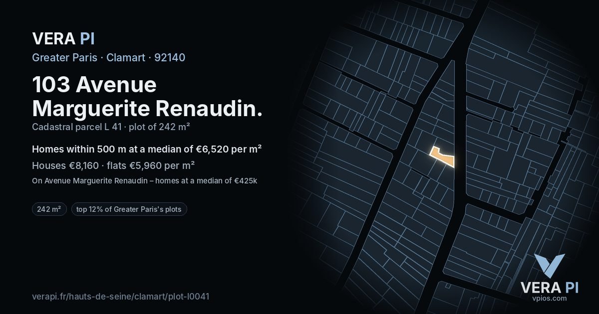 103 Avenue Marguerite Renaudin, Clamart at night – the plot lit, the parcels around coloured by the prices near them