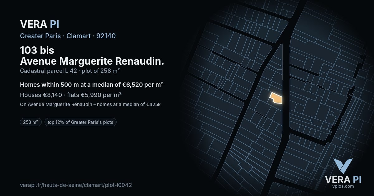 103 bis Avenue Marguerite Renaudin, Clamart at night – the plot lit, the parcels around coloured by the prices near them