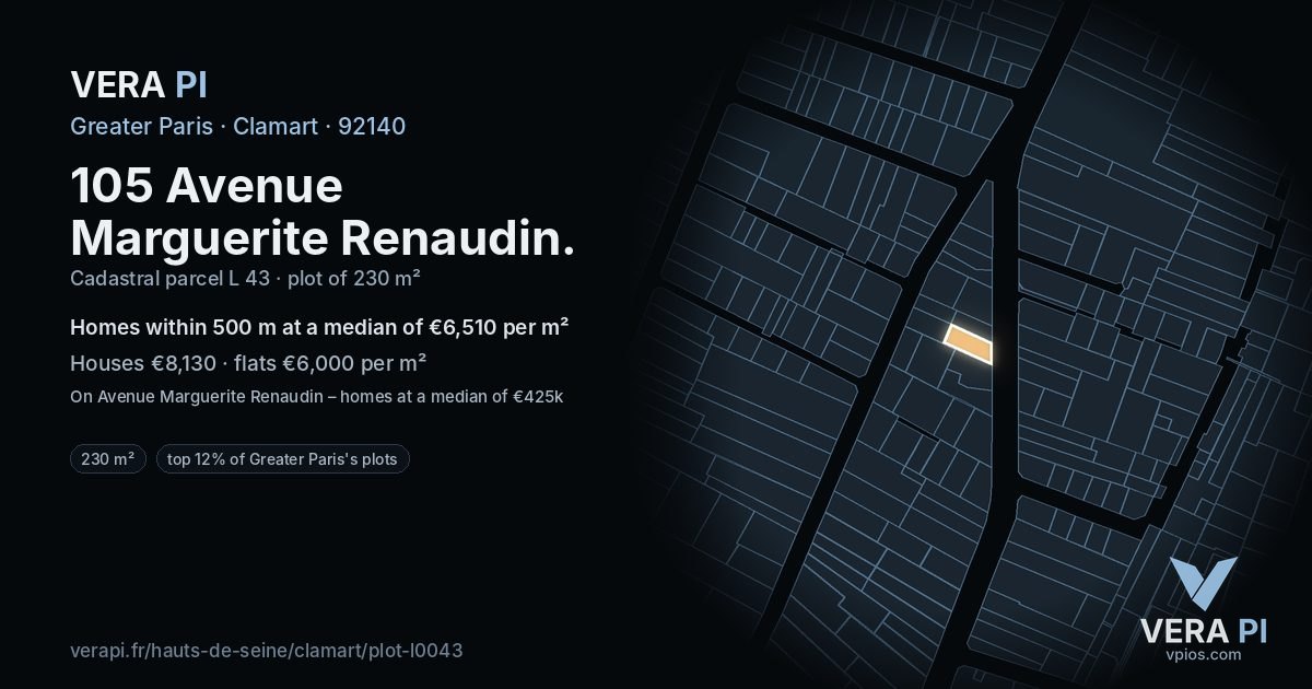 105 Avenue Marguerite Renaudin, Clamart at night – the plot lit, the parcels around coloured by the prices near them