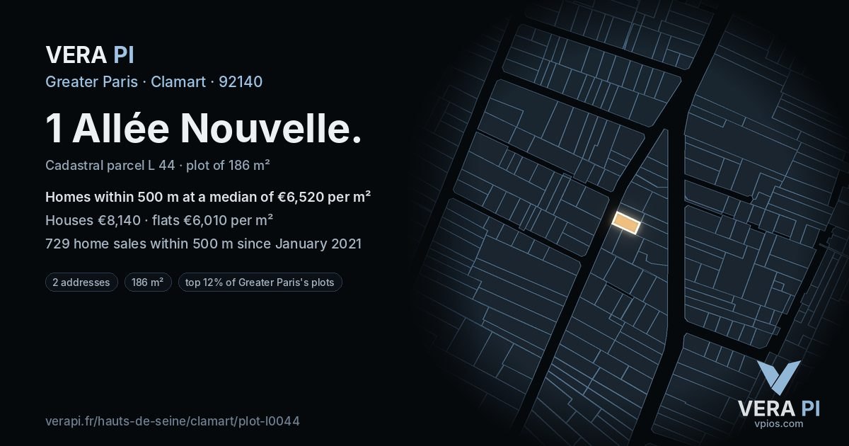 1 Allée Nouvelle, Clamart at night – the plot lit, the parcels around coloured by the prices near them