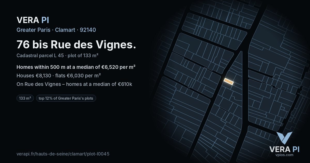 76 bis Rue des Vignes, Clamart at night – the plot lit, the parcels around coloured by the prices near them