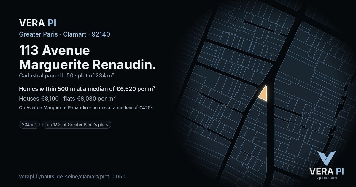 113 Avenue Marguerite Renaudin, Clamart at night – the plot lit, the parcels around coloured by the prices near them