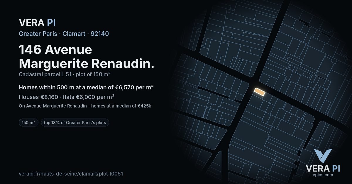 146 Avenue Marguerite Renaudin, Clamart at night – the plot lit, the parcels around coloured by the prices near them
