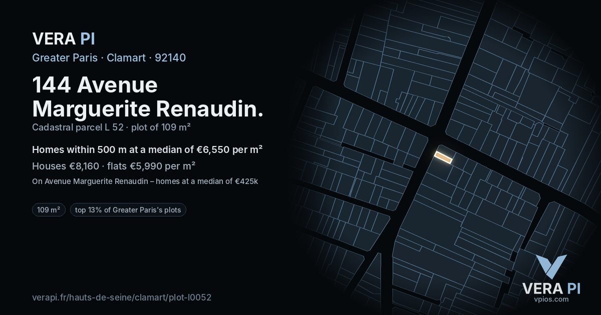 144 Avenue Marguerite Renaudin, Clamart at night – the plot lit, the parcels around coloured by the prices near them