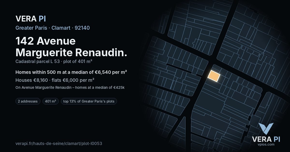 142 Avenue Marguerite Renaudin, Clamart at night – the plot lit, the parcels around coloured by the prices near them