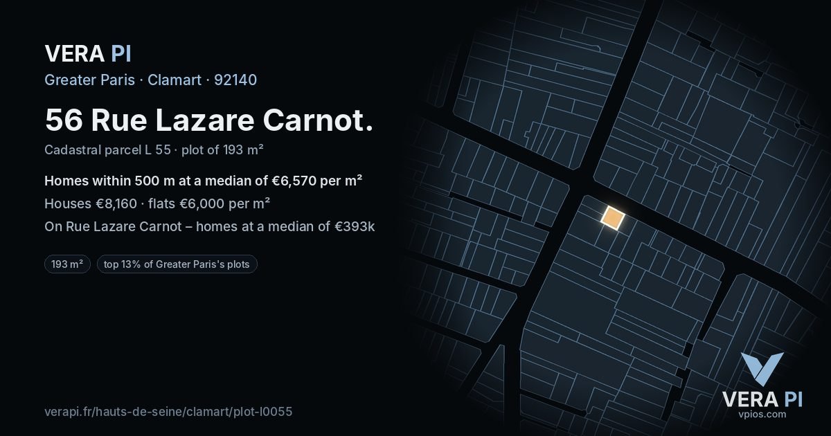 56 Rue Lazare Carnot, Clamart at night – the plot lit, the parcels around coloured by the prices near them
