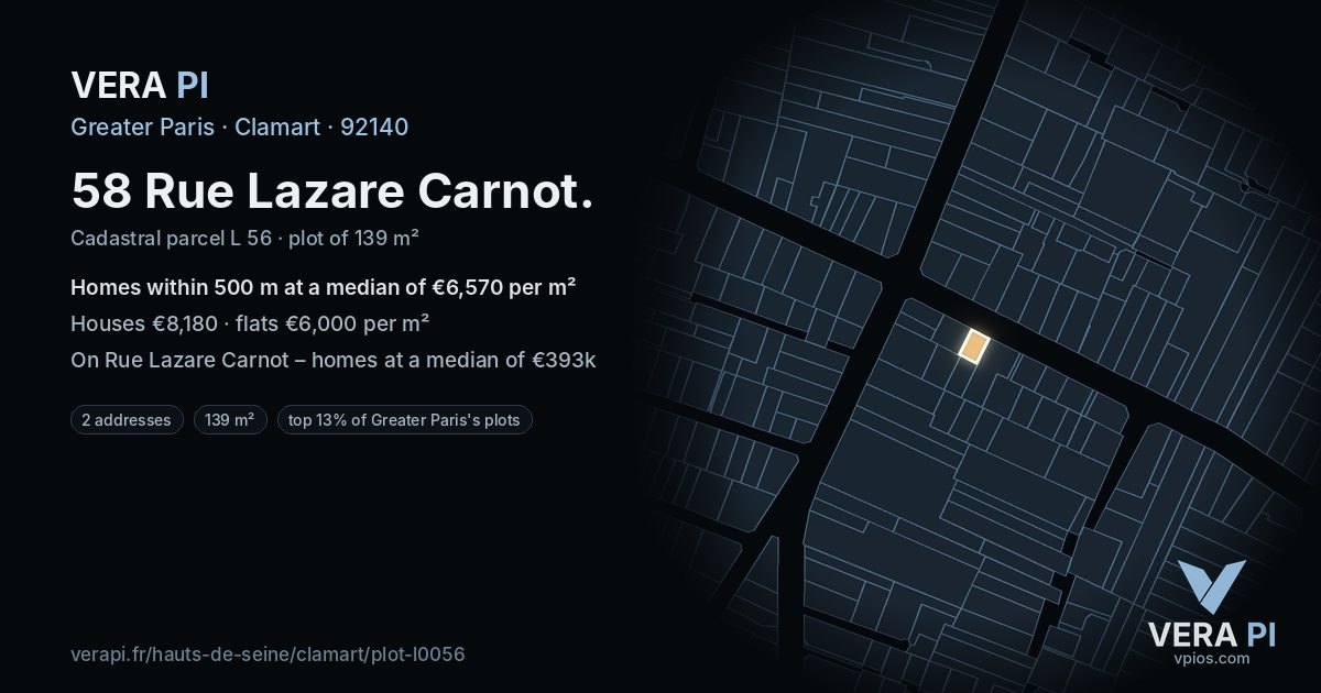 58 Rue Lazare Carnot, Clamart at night – the plot lit, the parcels around coloured by the prices near them