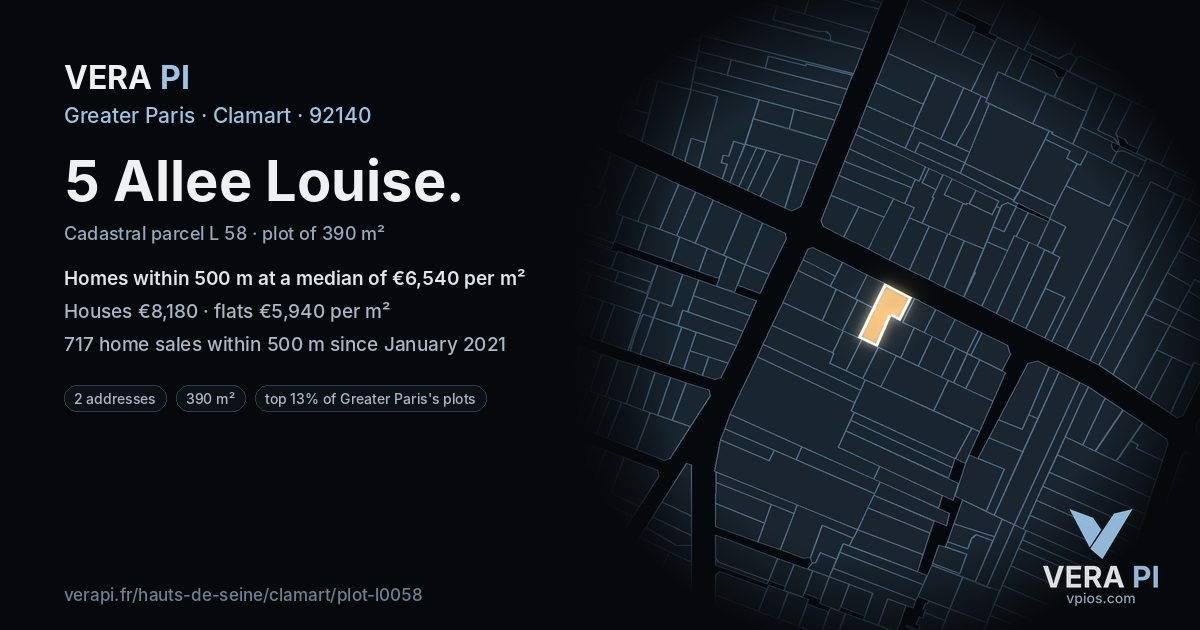 5 Allee Louise, Clamart at night – the plot lit, the parcels around coloured by the prices near them