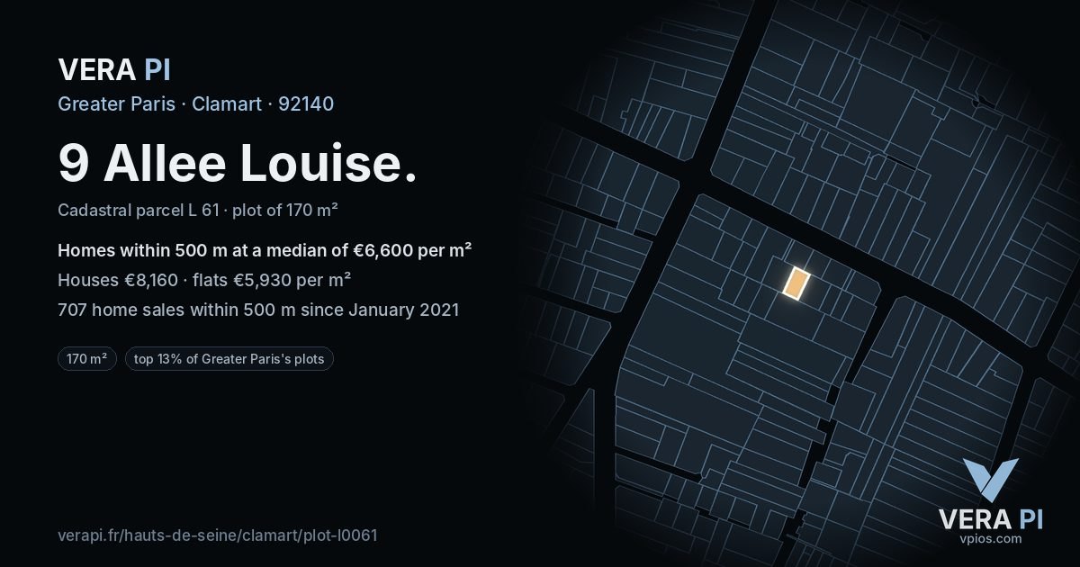 9 Allee Louise, Clamart at night – the plot lit, the parcels around coloured by the prices near them