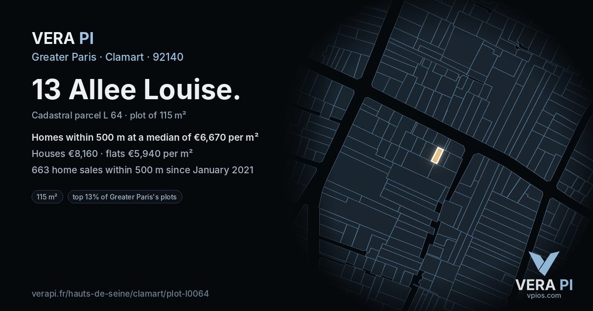 13 Allee Louise, Clamart at night – the plot lit, the parcels around coloured by the prices near them