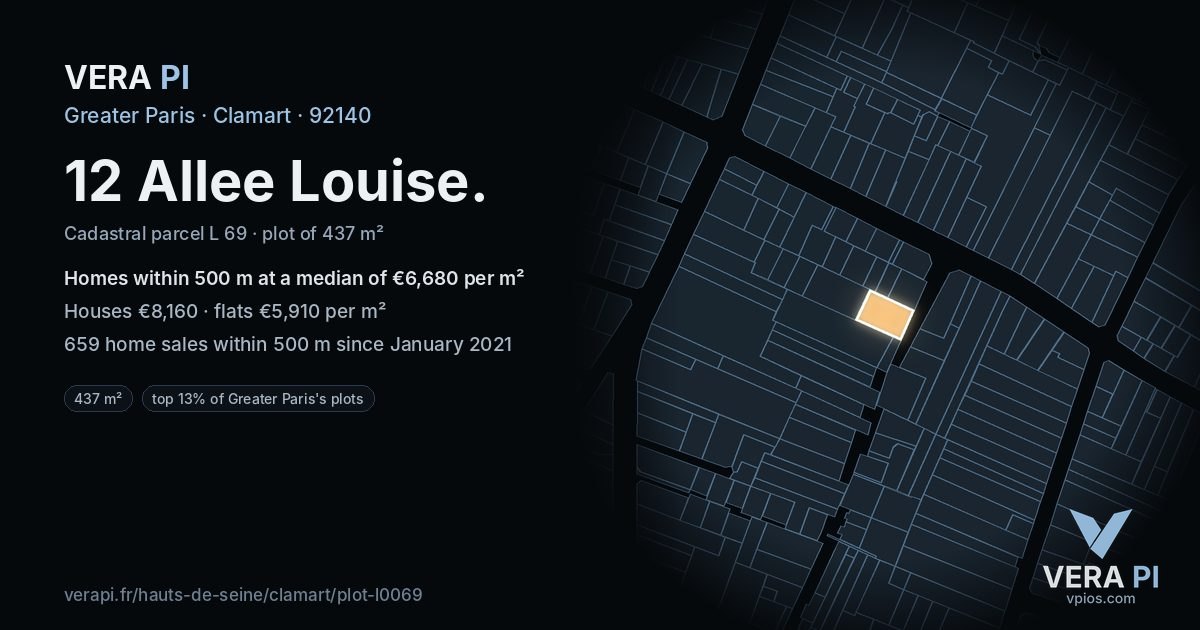 12 Allee Louise, Clamart at night – the plot lit, the parcels around coloured by the prices near them