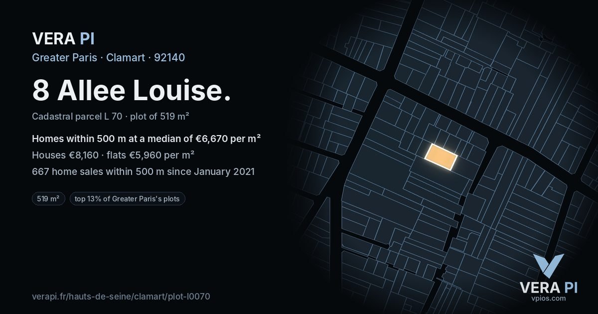 8 Allee Louise, Clamart at night – the plot lit, the parcels around coloured by the prices near them