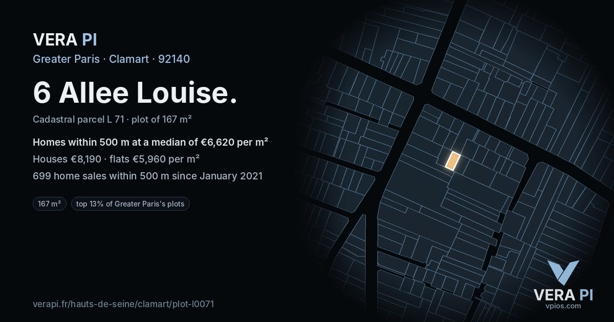 6 Allee Louise, Clamart at night – the plot lit, the parcels around coloured by the prices near them
