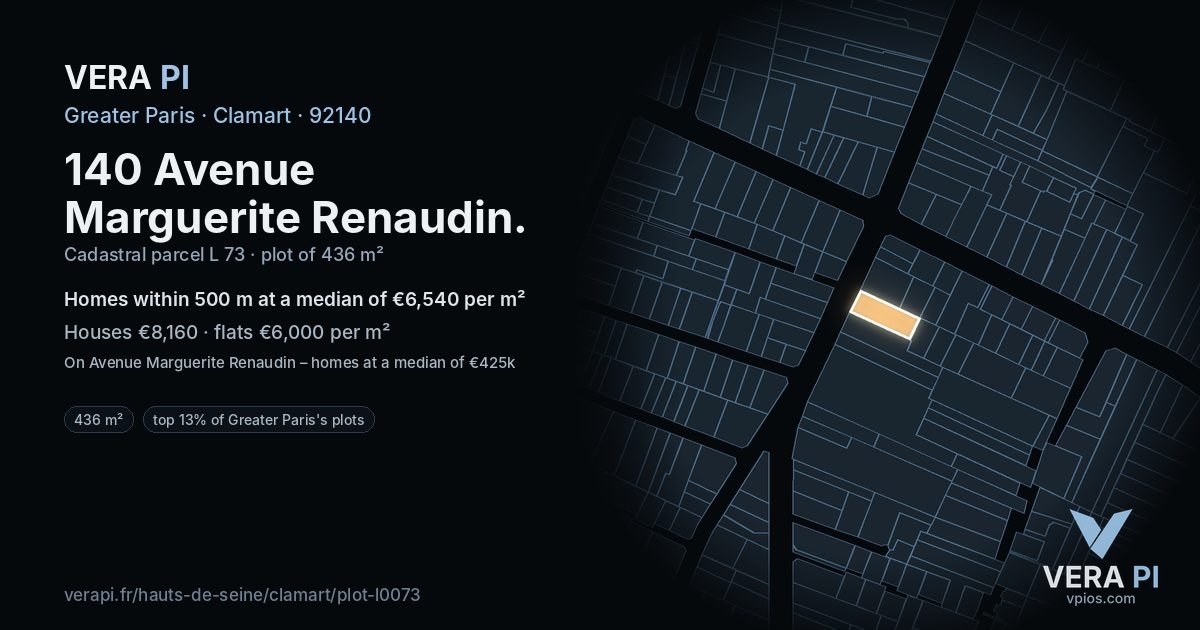140 Avenue Marguerite Renaudin, Clamart at night – the plot lit, the parcels around coloured by the prices near them