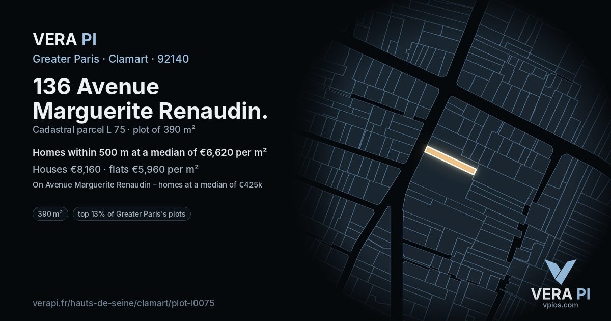 136 Avenue Marguerite Renaudin, Clamart at night – the plot lit, the parcels around coloured by the prices near them
