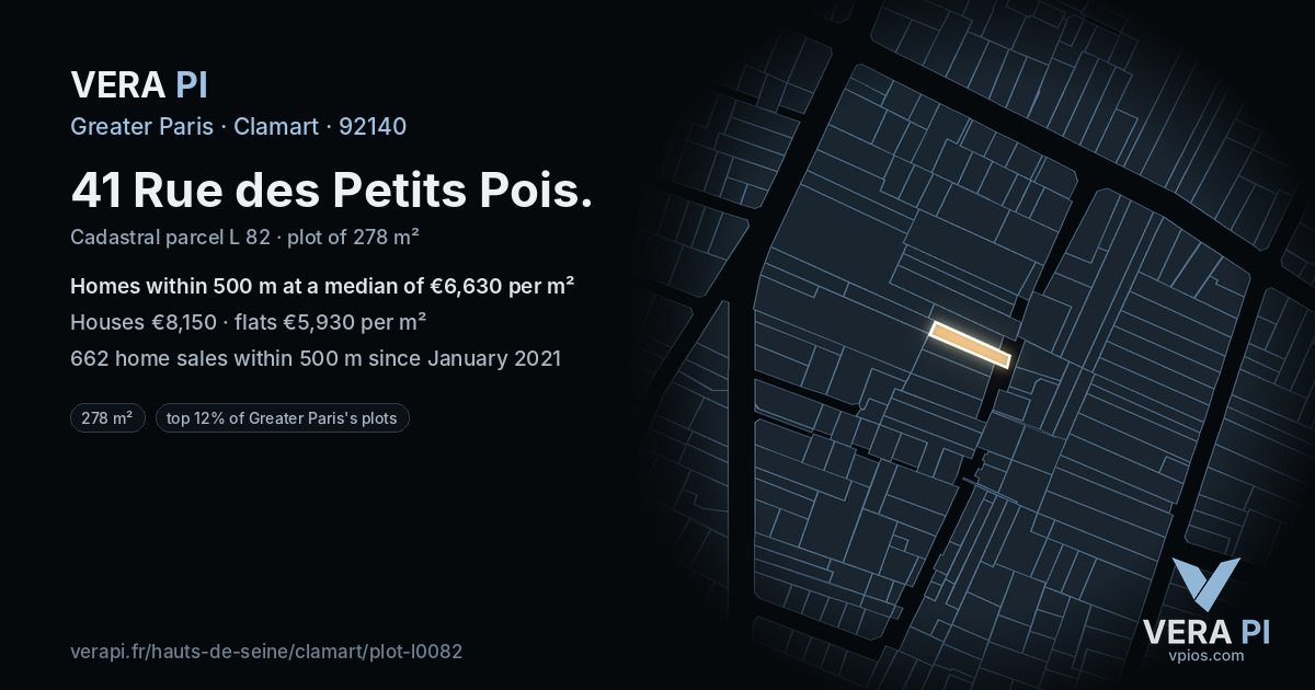 41 Rue des Petits Pois, Clamart at night – the plot lit, the parcels around coloured by the prices near them