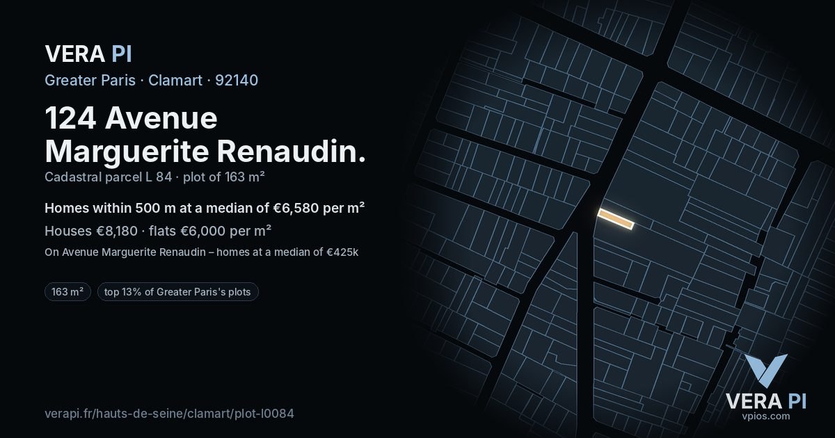 124 Avenue Marguerite Renaudin, Clamart at night – the plot lit, the parcels around coloured by the prices near them